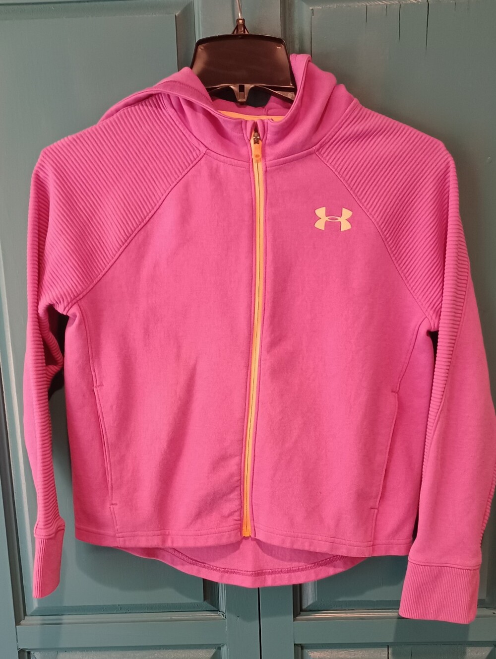 Under Armour Girls Pink Zip-Up Hooded Sweatshirt with Melon Colored Trim